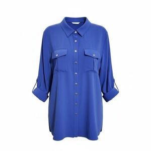 Soft Surroundings Blue Polyester Button Front Roll Tab Sleeve Utility Shirt 1X